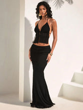 Opulessa 2pcs Set: Solid Color Knit Halter Top & High Waist Mermaid Hem Skirt For Women